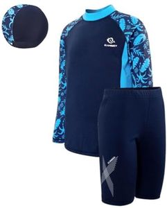 Boys Swimming Costume Rash Guard Swimsuits Set 3 Piece Long Sleeve Swim Shirts Quick Dry Bathing Suits with Trunks, Blue-1, 7-8 Years