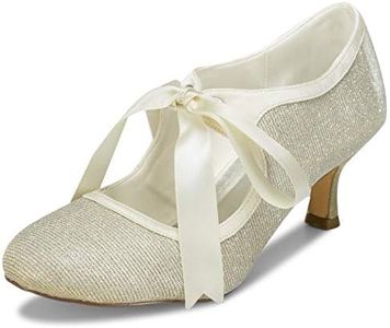 JIAJIA 140311 Women's Bridal Shoes Closed Toe Stiletto Heel Lace Satin Pumps Ribbon Tie Wedding Shoes Color Gold,Size 5 B(M) US/35 EU