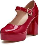 Coutgo Mary Jane Shoes Women Wine Red Platform Heels for Women Patent Chunky Heels