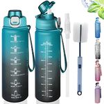 Water Bottle, 1 Litre Sport Water Bottle with Straw, Time Marker & Lock Cover, Leak Proof, BPA Free Tritan Non-Toxic Plastic Drinking Bottle Perfect for School Office Gym Outdoor Sports (Green)