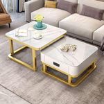 ECONODECOR Modern Marble Round Coffee Table Set of 2 Nesting Tables MDF Top, Luxury Square End Tables with Wooden Drawer Gold Metal Frame (Golden & White)