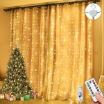 Lezonic Curtain Fairy Lights, 3m×3m 300LED Fairy Lights with 8 Modes Remote Control Timer Adjustable Brightness, Curtain Light Plug in for Bedroom, Garden, Party, Wedding,Christmas (Warm White)