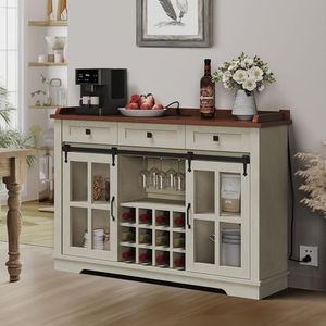 DWVO Farmhouse Coffee Bar Cabinet, 53” Sideboard Buffet Cabinet with Storage, 3 Drawers & Sliding Barn Door, Storage Cabinet with Glass Door for Kitchen & Living Room, Antique White