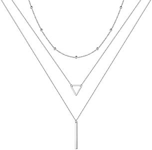Turandoss Layered Silver Necklace for Women, 14K White Gold Layered Silver Necklace Multi Layered Necklaces for Women Silver Necklace for Women Silver Jewelry