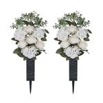 Memobloom Cemetery Flowers for Grave Decorations: 2 Pcs White Artificial Rose Hydrangea Memorial Day Flower Arrangements Silk Funeral Floral Bouquet with Vase for Outdoors Gravessite Decor