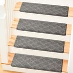 MBIGM Bullnose Non-Slip Stair Treads w/Reusable Adhesive - 14 Pack 9.5" x 30" Wooden Steps Protection - TPU Backing with Steel Reinforcement - Diamond Dark Grey Bullnose Carpet Stair Treads