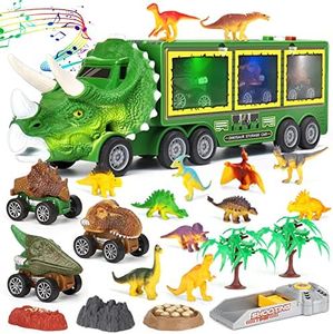 Aoskie Camión Transportador de Dinosaurio con Luz y Sonido, 3 Juguetes Coches, 12 Mini Dinosaurio para Niños 3+ años