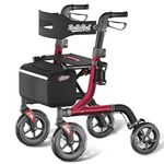 RollisRoll Walkers for Seniors with Seat, Foldable Rollator Walker, Reinforced Aluminum Frame, 10" Big Rubber Wheels for All Terrain, Built-in Cable, Lightweight Rolling Walker, Red