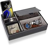 BAGILO Men And Women Leather Valet Tray|Dresser Organizer 5 Slot Jewellery Accessories Box For Watches, Sunglasses, Wallet, Cell Phone Key And Jewellery (Black)