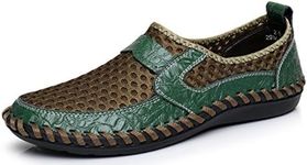 RONGKAI Summer Men's Mesh Breathable Walking Loafers,Outdoor Lightweight Slip-on, Mesh Casual Shoes,Stitching Honeycomb Hiking Shoes Durable Soft Leather-Green 44