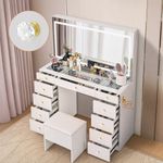 Pamapic White Vanity Desk with Crystal Handles, 11-Drawer Makeup Vanity with Mirror, Stool, and 3 Lighting Modes, Power Outlet, Silent Drawer Slides – Stylish Dressing Table for Bedroom