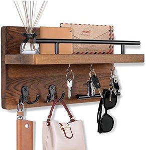 OurWarm Wall Mounted Key Holder / Hangers for Wall Decorative with 5 Key Hooks, Wooden Mail Rack Organizer with Shelf, Rustic Home Decor for Entryway Mudroom Hallway Office, Brown