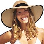 FURTALK Womens Sun Straw Hat Wide Brim UPF 80 Summer Hat Foldable Packable Floppy Beach Hats for Women Khaki with Black Brim,Medium-Large