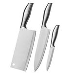 Mockery 3 Piece Kitchen Knife Set Including Chef's Knife, Butcher Meat Knife & Paring Knife, Sharp Stainless Steel Knife, Non-Stick, Soft Touch Handles, Silver