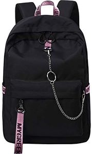 El-fmly Fashion Water Resistant Backpack for Travel Lightweight School Bookbags with Cute Letters Strap for Teenage Girls & Children (Black+Pink)
