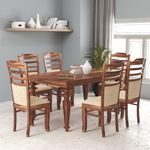 wood affair Wooden Dining Table 6 Seater with Six Cushioned Chairs, Table Length 57, Chair Height 41 Inches, Style: Crysta, Material: Solid Sheesham Wood, Finish: Honey