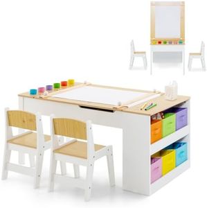 INFANS 3 in 1 Kids Art Table and Chair Set, Toddler Craft Play Wood Activity Desk with 2 Chairs Storage Canvas Bins Paper Roll for Writing Drawing, Children Furniture for Daycare Nursery