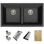 STYLISH 33 x 18 inch Workstation Drop in or Undermount Black Granite Composite Double Bowl Kitchen Sink with Regular Strainers, Colander, Drying Rack and Cutting Board, S-833WN