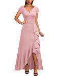 Miusol Women's Vintage V Neck Ruffle Split Bridesmaid Party Long Dress, Pink, Medium