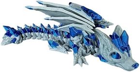 3D Printed Wolf Dragon with Articulating Parts and Moving Wings - Unique Collectible Figurine - Grey and Metallic Blue