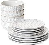 LE TAUCI Dinnerware Sets 12 PCS, Ceramic Plates and Bowls Set (10" Dinner Plate + 8" Salad Dish + 26 oz Cereal Bowl) x 4, Oven Safe - Arctic White