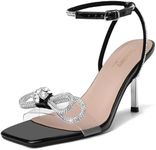 Susanny Black Heels for Women Wedding Strappy Sandals Sparkly Clear Bow Kitten Heels Sexy Ankle Strap Bridal Party Dress Shoes 9