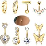 Kakonia 8Pcs Clicker Belly Button Ring for Women Surgical Steel CZ Heart Butterfly Belly Ring Simple Bar Reverse Curved Navel Rings Belly Barbell Piercing Jewelry 14G