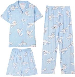 Cdcpnk Kawaii Pajamas 3 Piece Set Cute Fashion Long Sleeve Cardigan Pajama Two-Piece Leisure Loose Sleepwear For Women Girls, Blue-short Sleeve-3, Small