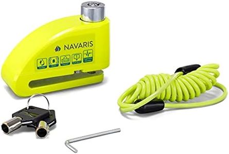 Navaris Motorcycle Disc Lock with Alarm - 110dB Anti-Theft Brake Wheel Caliper Lock with 4FT Reminder Cable for Motor Bike, Scooter, Moped - Green