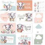 Decorably Thank You Cards with Envelopes & Stickers, Animal-Themed Cards - 24 Pack Elephant Thank You Cards Baby Shower, Blank Inside 6x4in Elephant Baby Shower Thank You Cards