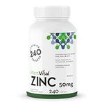 PlantVital Zinc Supplements 50mg (240 Count) - Immune Support, Healthy Bones, Hair, Nail and Skin with Zinc Gluconate 50mg - Made in Canada - Additive-Free - 240 Zinc Tablets