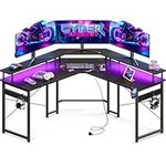 ODK L Shaped Gaming Desk, Computer Desk with LED Lights, Corner Desk with 2 Sockets and 2 USB Charging Ports, Full Monitor Stand Gaming table for Home Office (Black, 129 x 129 cm)