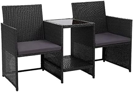 Gardeon Patio Furniture Wicker 2 Seater Loveseat Bistro Set Table and Chairs, Outdoor Lounge Setting Garden Bench Backyard Porch, with Cushions Built-in Coffee Table Black