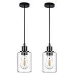 CADELON 2 Pack Pendant Light, Industrial Vintage Farmhouse Pendant Lighting Fixtures with Clear Glass Shade, Black Modern Indoor Hanging Lamp for Dining Room Kitchen Island Bedroom