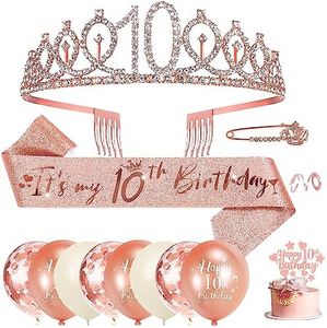 10 Cumpleaños Corona Banda,Decoracion 10 Años Cumpleaños Chica,Beige Oro Rosa Corona 10 Anni Banda Cumpleaños Globos, 10 Años Cumpleaños Decoracion Niña