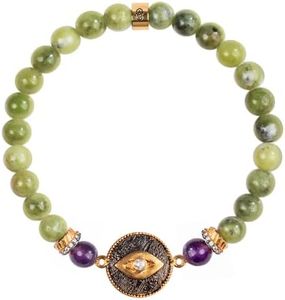 KARMA AND LUCK - Defensive Trio - Women's Genuine Jade Stone 18K Gold Plated Brass Evil Eye Beaded Bracelet. 6.5" stretch.Protection Bracelet, Ready to Gift for Her.