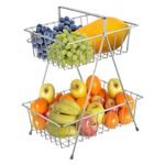 SmartSlide Premium 2 Tier Fruit Basket, Fruit Vegetable Bowl for Kitchen Countertop, Fruit Basket for Dining Table, Fruit Stand, Organizer for Bread Snack Veggies Produce (Silver)