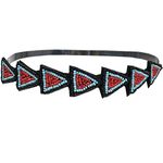 Mia Beautiful, Pretty Embellished Beaded Headband Hair Accessory, Black, Red, And Turquoise Blue Beads In Triangle Design, Elastic Rubber Band, For Women and Girls 1 pc