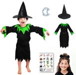 Sarvda Halloween Costume for Girls | Witch Dress Black & Green | Witch Hat | Dracula Teeth | Makeup Tattoo | For 3 to 4 Year Kids