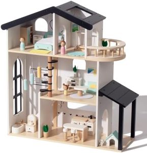 Wooden Dollhouse for Girls, Doll House with 5 Rooms Play Toys