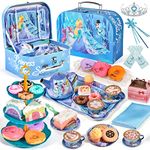 Kids Tea Set for Girls Frozen Toys 49Pcs Frozen Elsa Tin Tea Party Set & Luxury Food Playset & Carry Case Princess Tea Time Kitchen Pretend Play Toys Princess Gift for Toddlers Girls 3 4 5 6 7 Years