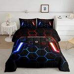 Erosebridal Gaming Comforter Sets for Boys Kids Gamer Bedding Sets Twin Size,Teens Boy Neon Red Game Controller Down Comforter Game Decor Hippie Geometric Honeycomb Quilted Duvet with 1 Pillow Sham