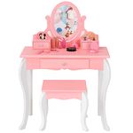 Costzon Kids Vanity Set with Mirror, 2 in 1 Princess Makeup Dressing Table w/Detachable Top, Toddler Vanity with 360° Rotating Mirror, Drawers & Stool, Pretend Play Vanity Set for Little Girls (Pink)