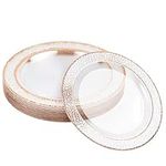 MATANA 20 Premium Clear Hard Plastic Dinner Plates with Hammered Rose Gold Rim, 26cm / 10 Inch - Elegant & Reusable Party Plates for Weddings, Birthdays, Parties