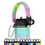 Paracord Handle - Fits Wide Mouth Bottles 12oz to 64oz - Durable Carrier, Paracord Carrier Strap Cord with Safety Ring,Compass and Carabiner - Ideal Water Bottle Handle Strap (Rainbow)