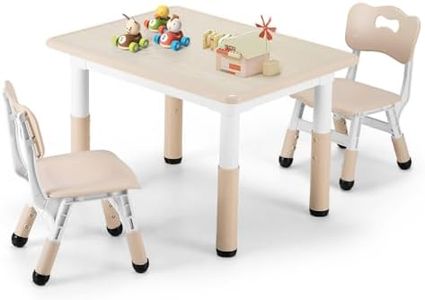 PlayPals Kids Table and Chair Set (2 Chairs), Height Adjustable Toddler Table and Chair Set for Ages 2-10, Easy to Wipe, Children Activity Table for Daycare Classrooms Homes, 80x60cm, Beige