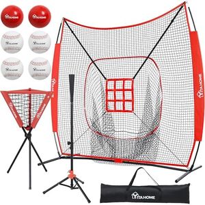 YITAHOME 7'X7' Baseball Hitting Net, Pitching Net, Batting Net with Strike Zone, Baseball Tee, Ball Caddy, 6 Baseballs, and Storage Bag, Softball Net and Training Equipment for Batting, Pitching, Red