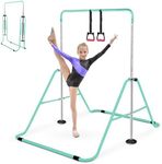 Triclicks Foldable Gymnastics Bar with Rings, Adjustable Height Expandable Training Kip Bar for Kids 3-12 - Home Gym Horizontal Monkey Bars Equipment for Boys & Girls (Green)