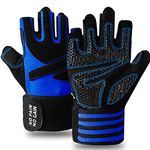 Weight Lifting Gloves Workout Gloves Women Men Crossfit with Wrist Wraps Support, Anti-Slip Grip Half Finger Gym Training Gloves for Exercise Biking (Blue, Large)