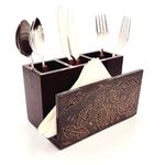 Zyntix Wooden Napkin Stand with Cutlery Holder | Cutlery Stand | Napkin Stand with Spoons for Kitchen | Tissue Paper with Offices Stationary Holder | Spoon Stand for Dining Table (Brown)